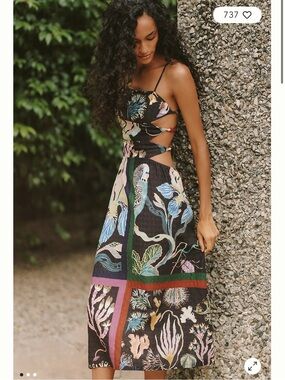 Anthropologie Black Floral Cutout Midi Dress with Multicolor Botanical Print